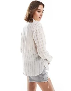 Mango Stripe Lightweight Shirt In White For Women -Mango Sales 206391815 4