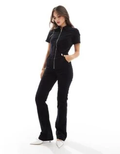 Mango Zip Through Denim Jumpsuit In Black For Women