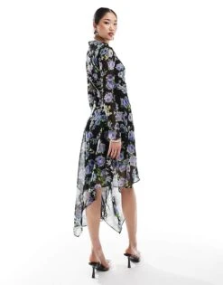 Mango Midi Floral High Split Dress In Black For Women