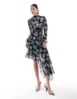 Mango Midi Floral High Split Dress In Black For Women -Mango Sales 206391885 3
