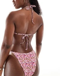 Mango Floral Print Textured Triangle Bikini Top In Pink For Women -Mango Sales 206473797 3