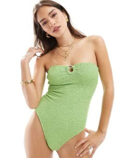 Mango Textured Ring Detail Strapless Swimsuit In Light Green For Women -Mango Sales 206473949 4