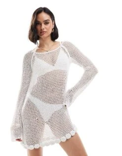 Mango Crochet Rose Detail Long Sleeve Mini Dress In White For Women