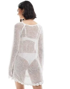 Mango Crochet Rose Detail Long Sleeve Mini Dress In White For Women -Mango Sales 206477473 3