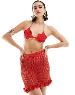 Mango Crochet Co-ord Mini Skirt With Rose Hem In Red For Women -Mango Sales 206477480 1 red 1