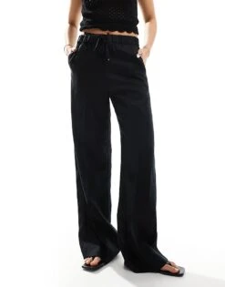 Mango Linen Drawstring Trousers In Black For Women