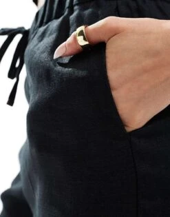 Mango Linen Drawstring Trousers In Black For Women -Mango Sales 206563259 4