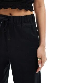 Mango Linen Drawstring Trousers In Black For Women -Mango Sales 206563259 5