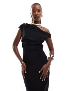 Mango Twist Bardot Midi Dress In Dark Brown For Women