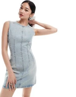 Mango Bleach Washed Denim Mini Dress In Blue For Women Mid Blue