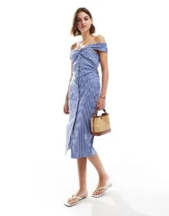 Mango Bardot Stripe Midi Dress In Blue For Women Mid Blue