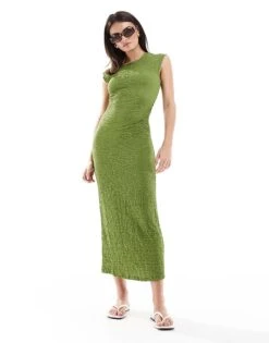 Mango Cap Sleeve Texture Midi Dress In Green For Women