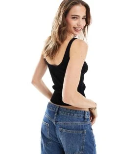 Mango Ribbed Strap Vest In Black For Women -Mango Sales 206563497 3