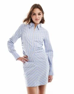Mango Cinched Waist Stripe Mini Dress In Blue For Women Light Blue