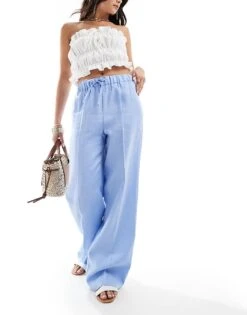 Mango Linen Drawstring Trousers In Light Blue For Women