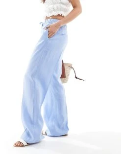 Mango Linen Drawstring Trousers In Light Blue For Women -Mango Sales 206563587 4