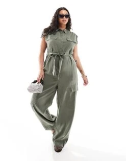 Mango Curve Sleeveless Tie Waist Jumpsuit In Khaki For Women -Mango Sales 206563671 1 khaki 1