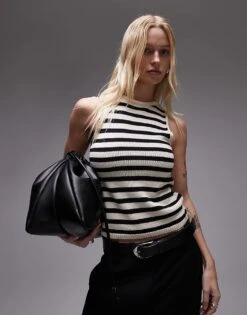 Mango Sleeveless Cropped Knitted Stripe Top In Black For Women