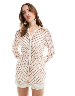 Mango Tie Front Stripe Shirt In Light Brown For Women -Mango Sales 206564054 1 lightbrown 1