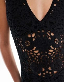 Mango Crochet V Neck Midi Dress In Black For Women -Mango Sales 206564117 3