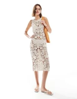 Mango Crochet Midi Dress In Beige For Women