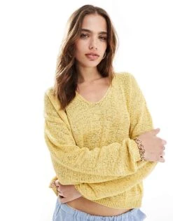 Mango Lightweight V Neck Jumper In Yellow For Women