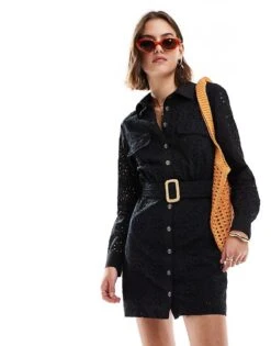 Mango Crochet Detail Shirt Mini Dress In Black For Women