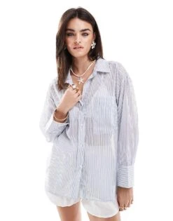Mango Sheer Stripe Shirt In Light Blue For Women -Mango Sales 206564228 3