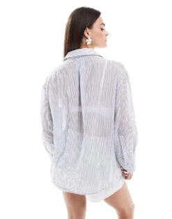 Mango Sheer Stripe Shirt In Light Blue For Women -Mango Sales 206564228 4