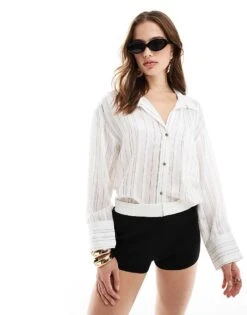 Mango Sheer Stripe Shirt In White For Women