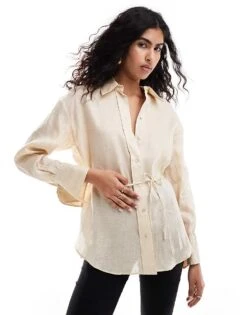 Mango Selection Linen Shirt With Gold Bar Cufflinks For Women Natrual