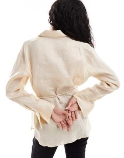 Mango Selection Linen Shirt With Gold Bar Cufflinks For Women Natrual -Mango Sales 206564576 3