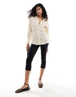 Mango Selection Linen Shirt With Gold Bar Cufflinks For Women Natrual -Mango Sales 206564576 4