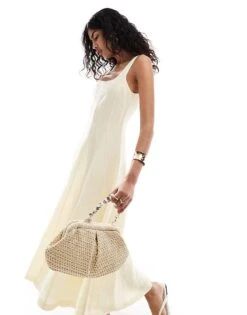 Mango Selection Linen Mix Seamed Midi Dress In Cream For Women -Mango Sales 206564613 4