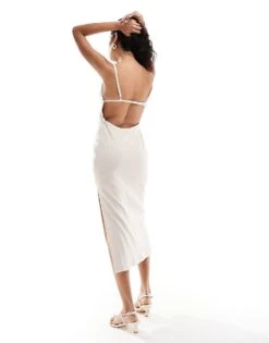 Mango Selection Linen Embroidered Panel Backless Midi Dress In Cream For Women -Mango Sales 206564638 4