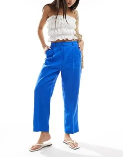 Mango Linen Elasticated Waist Slim Trouser In Blue For Women Light Blue