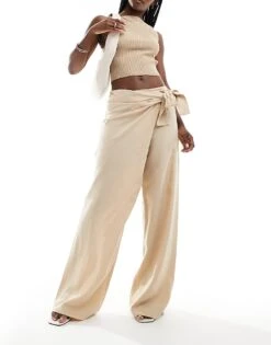 Mango Wrap Front Linen Mix Trouser In Beige For Women -Mango Sales 206566201 1 beige 1