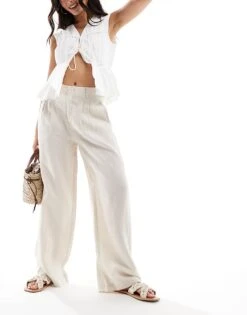 Mango Straight Leg Linen Trousers In Beige For Women
