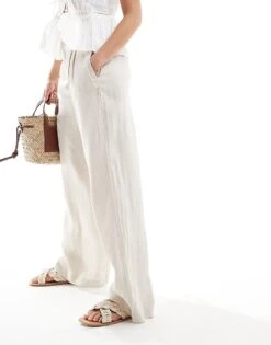 Mango Straight Leg Linen Trousers In Beige For Women -Mango Sales 206566263 4