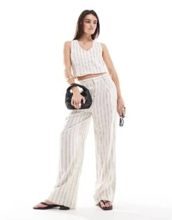 Mango Stripe Linen Mix Co-ord Trousers In White For Women 11 Mango Stripe Linen Mix Co-ord Trousers In White For Women -Mango Sales 206567303 1 white 1