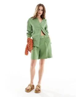 Mango Linen Shirt And Shorts Co-ord Set In Green -Mango Sales 206567310 1 green 1