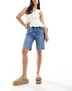 Mango Denim Bermuda Shorts In Mid Blue For Women