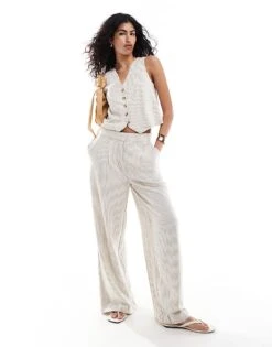 Mango Selection Linen Mix Pinstripe Straight Leg Co-ord Trousers In White For Women