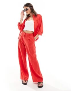 Mango Linen Shirt And Trousers Co-ord Set In Red -Mango Sales 206594715 1 red 1