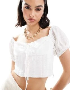 Mango Puff Sleeve Bow Front Top In White For Women -Mango Sales 206658160 1 white 1