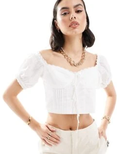 Mango Puff Sleeve Bow Front Top In White For Women -Mango Sales 206658160 3