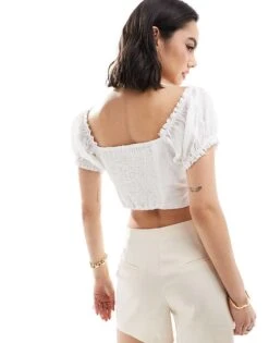 Mango Puff Sleeve Bow Front Top In White For Women -Mango Sales 206658160 4