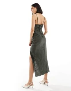 Mango Linen Ruched Side Cami Midi Dress In Khaki For Women -Mango Sales 206658243 4