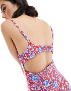 Mango Floral Printed Midi Dress In Red And Blue For Women -Mango Sales 206658270 4