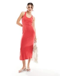 Mango Button Detail Jersey Midi Dress In Red For Women